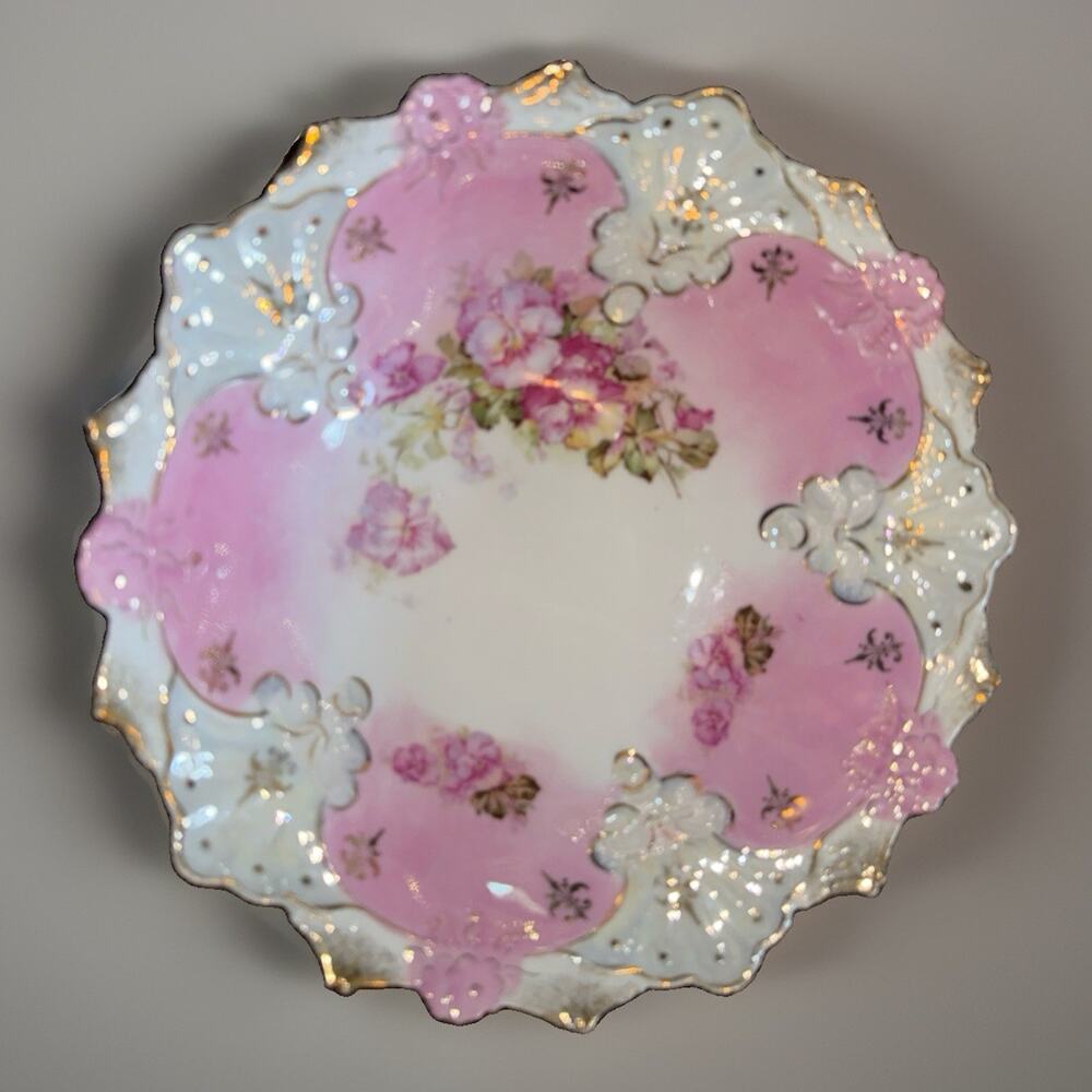 Antique T L Bavaria Porcelain Mold Bowl Pink Shading Floral Bouquet Ruffled Edge